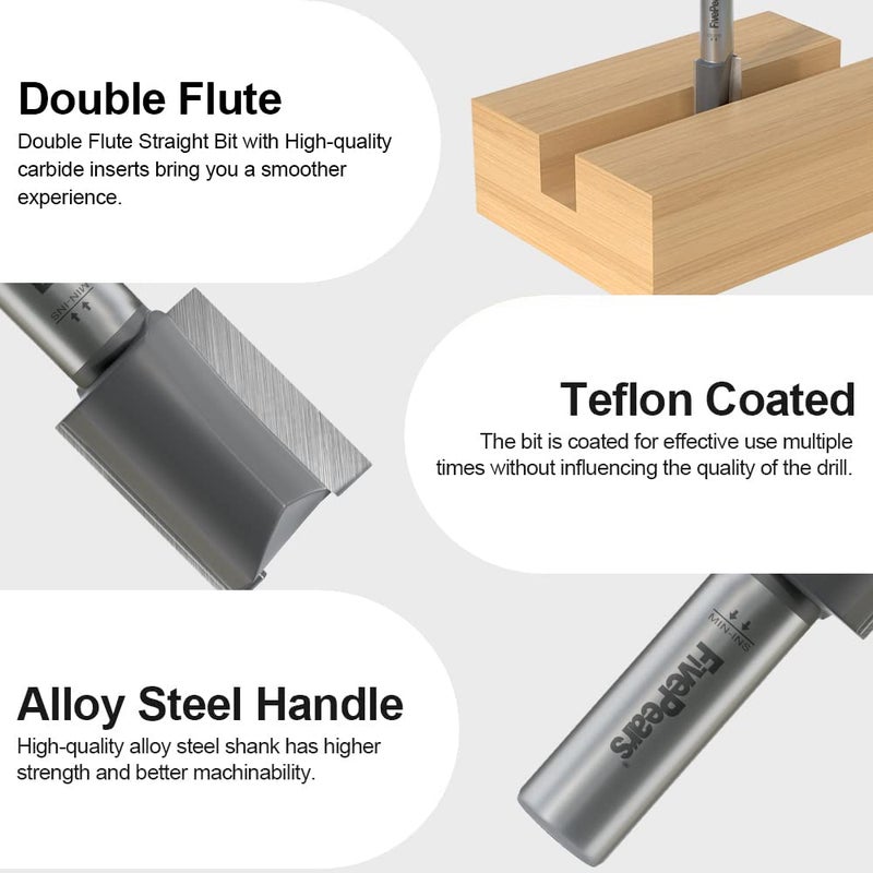 FIVEPEARS Straight Router Bits 1/2 Inch Shank Double Flute, 1 Inch Cutting Diameter, 1-1/4 Inch Cutting Length, Used for Create Groove, Dado or Hollow - Image 4